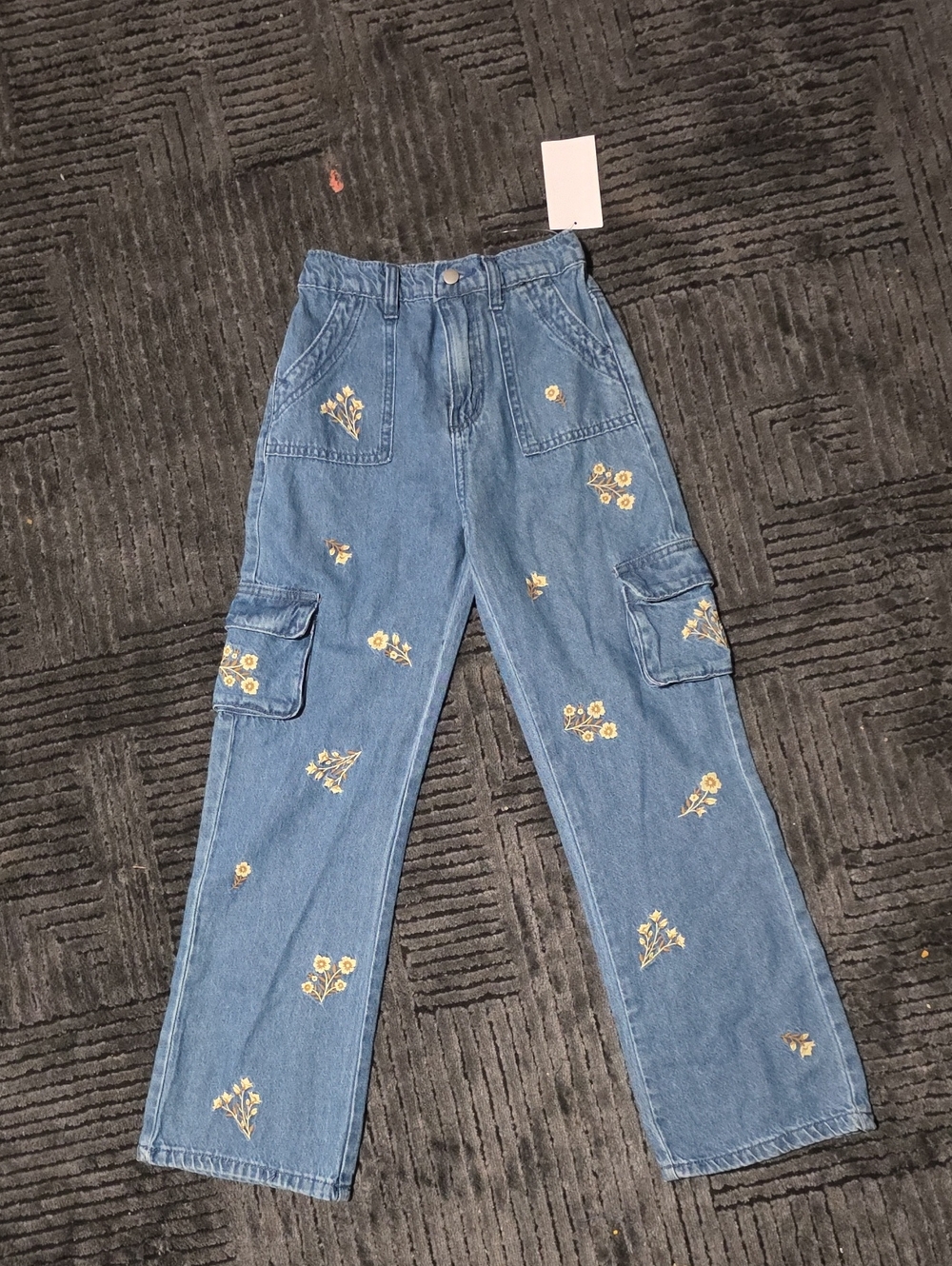 Girls' Blue Floral Embroidered Cargo Jeans